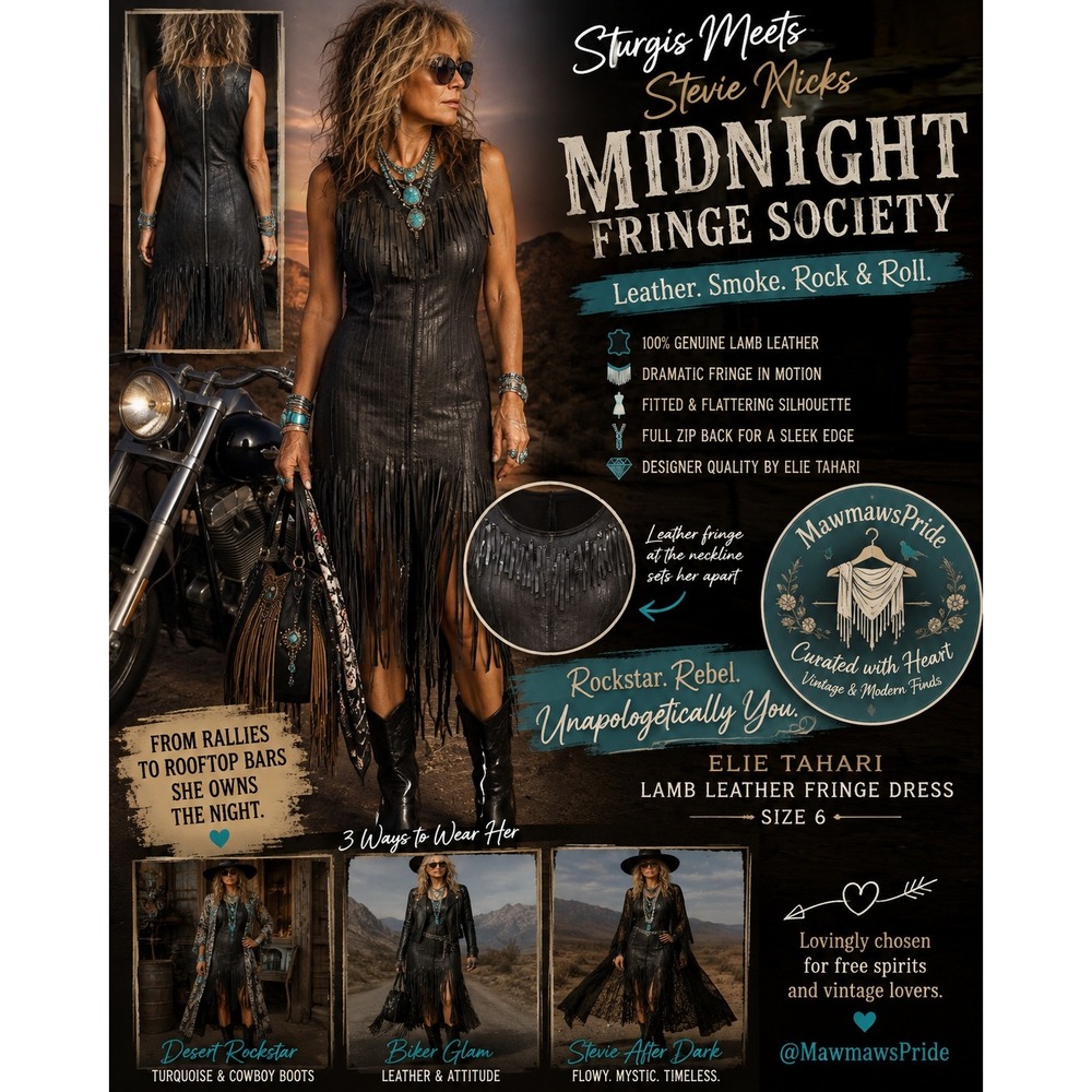Elie Tahari Lamb Leather Fringe Dress Sturgis Stevie Nicks Moto Boho Sz 6